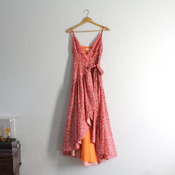 Anthropologie Hutch Flutter Wrap long Dress XS flowy lined orange pink white dot - Picture 3 of 9